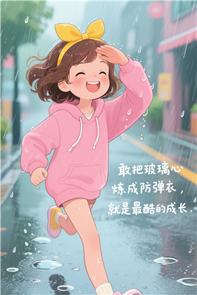 插画少女雨中奔跑励志文字图片